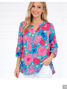 Bright Blue Floral Tunic Top with Pink Print